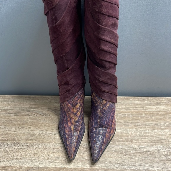 Romenni 80s Vibe Elegant Knee-High Kitten Heel Pointed Toe Boots Suede Snake 36 - Picture 5 of 15